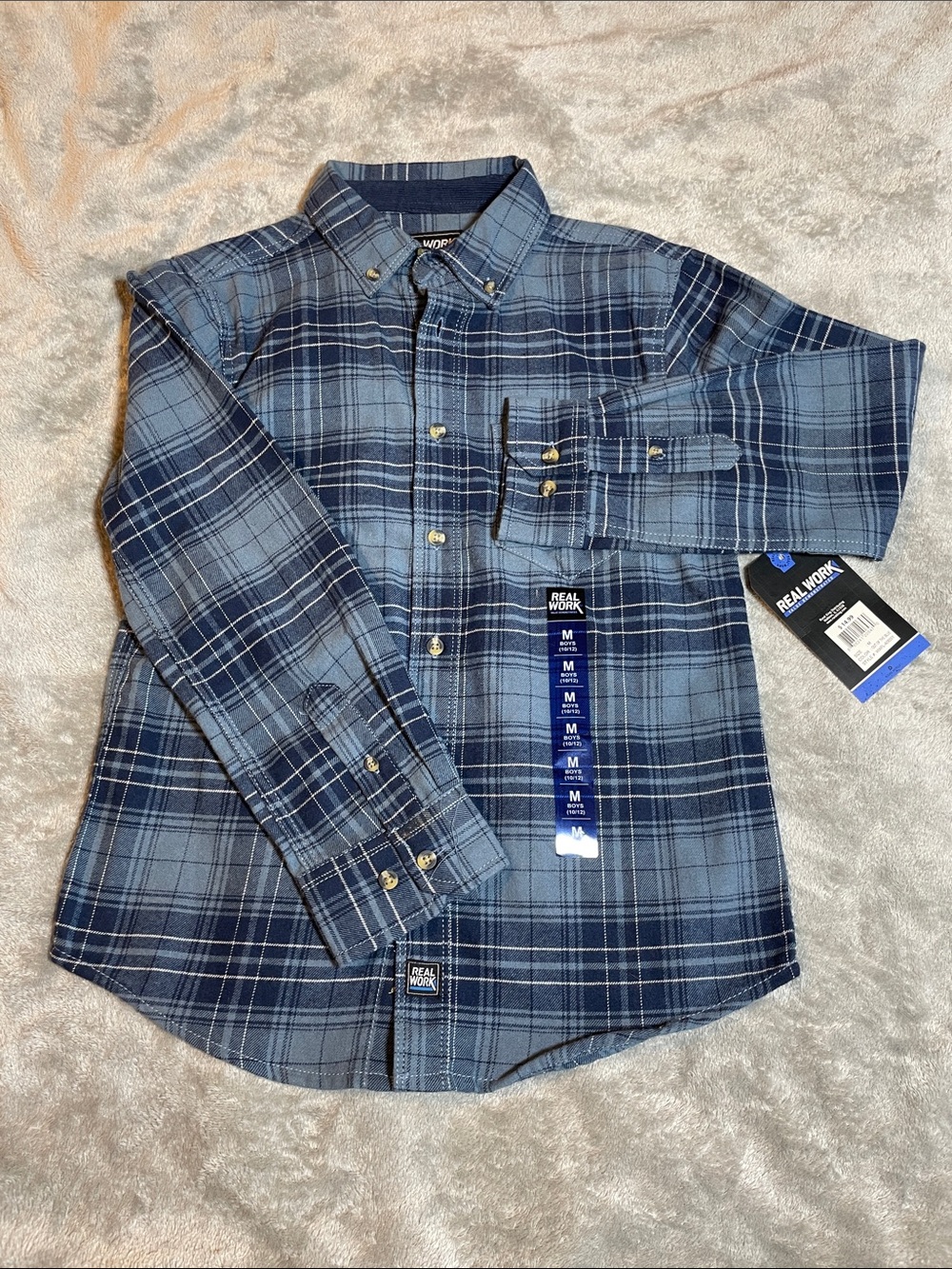 NWT Real Work Boys Blue Plaid Button Front Shirt